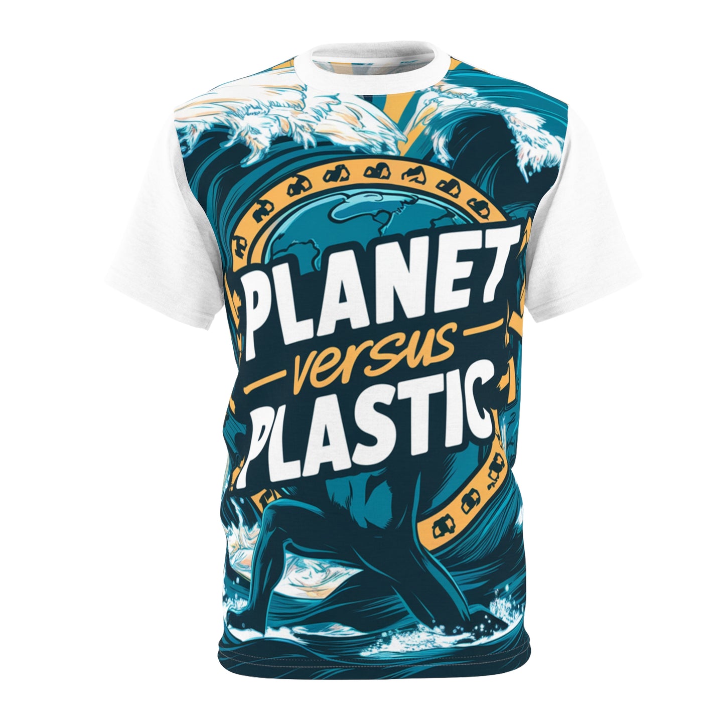 PoM's special edition "Planet versus Plastic" (Model E, Intern. Earth Day 2024) ... Unisex Cut & Sew Tee (AOP - All Over Print)
