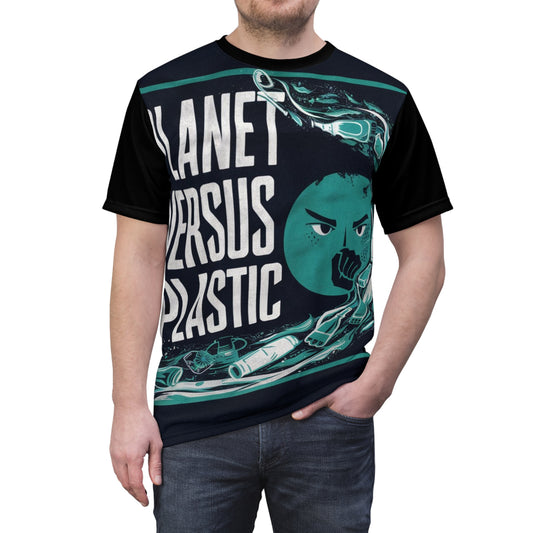 PoM's special edition "Planet versus Plastic" (Model A, Intern. Earth Day 2024) ... Unisex Cut & Sew Tee (AOP - All Over Print)