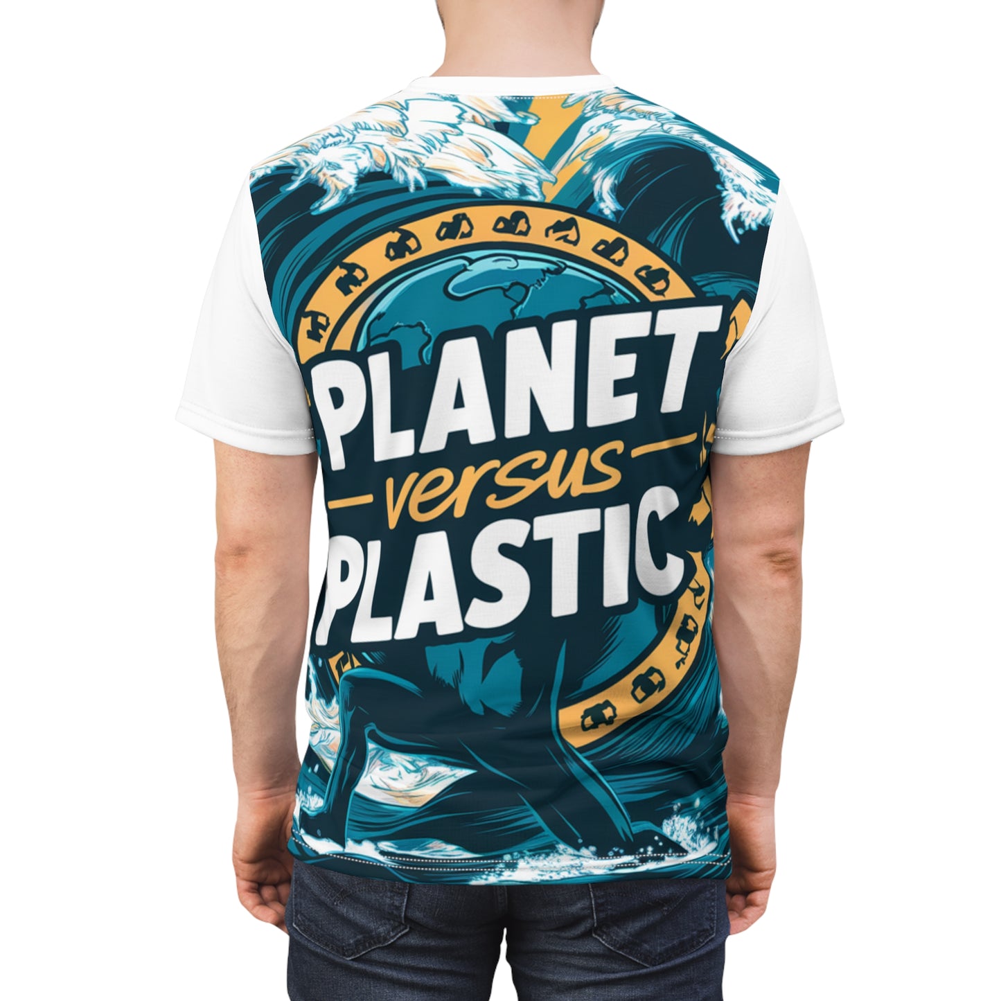 PoM's special edition "Planet versus Plastic" (Model E, Intern. Earth Day 2024) ... Unisex Cut & Sew Tee (AOP - All Over Print)