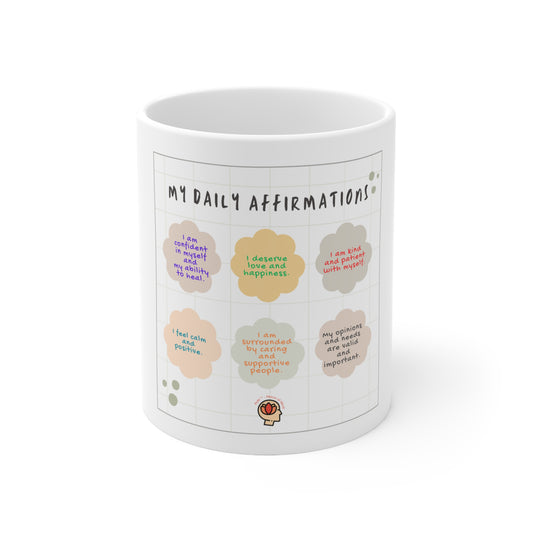 PoM's Mindfulness series ... "My Daily Affirmations (= 6 princips)" ... White Ceramic Mug (11oz / 0.33 l, BPA and lead-free, microwave & dishwasher-safe)
