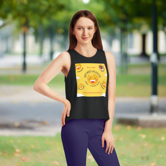 PoM's series Mindfulness & Self motivation ... Happy World Laughter Day (Women's Dancer Cropped Tank Top, 100% organic cotton, 5 colours, print on font + back)