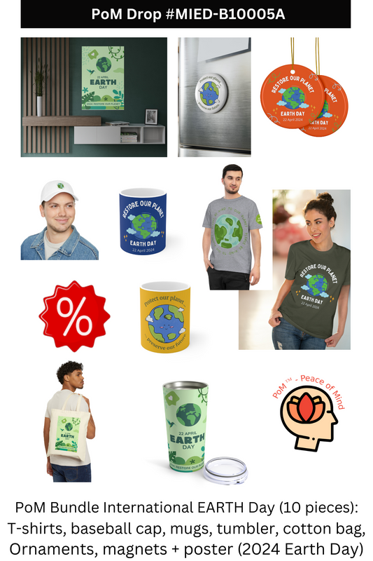 PoM's International EARTH Day Bundle (#MIED-B10005A): 2x T-shirts, 1x baseball cap, 2x mugs + Tumbler, shopping bag (textile), poster, ornaments and magnets