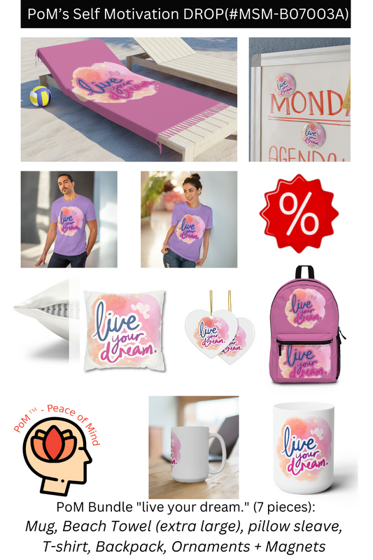 PoM's Self Motivation Bundle (#MSM-B07003A): mug, beach towel (extra large) + pillow (case), T-Shirt, Backback, Ornaments (2 shapes) and Magnets (10 pieces pack)