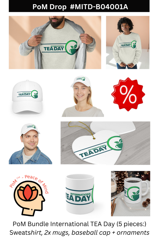 PoM's International TEA Day Bundle (#MITD-B04001A): Sweatshirt, 2x mugs, baseball cap, ornaments (2 shapes)